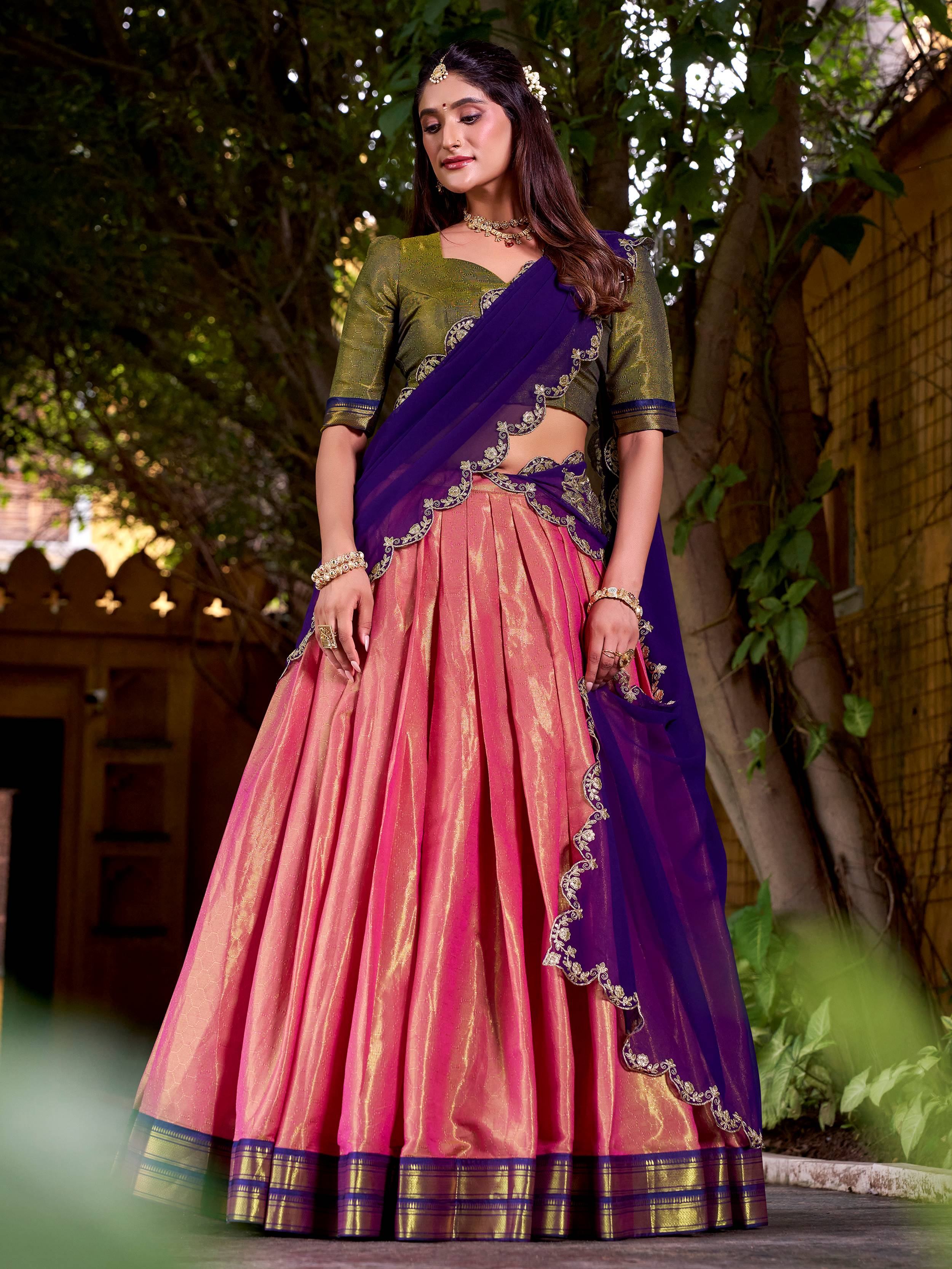 Peach Kanchipuram Silk Zari Weaving Half Saree Lehenga