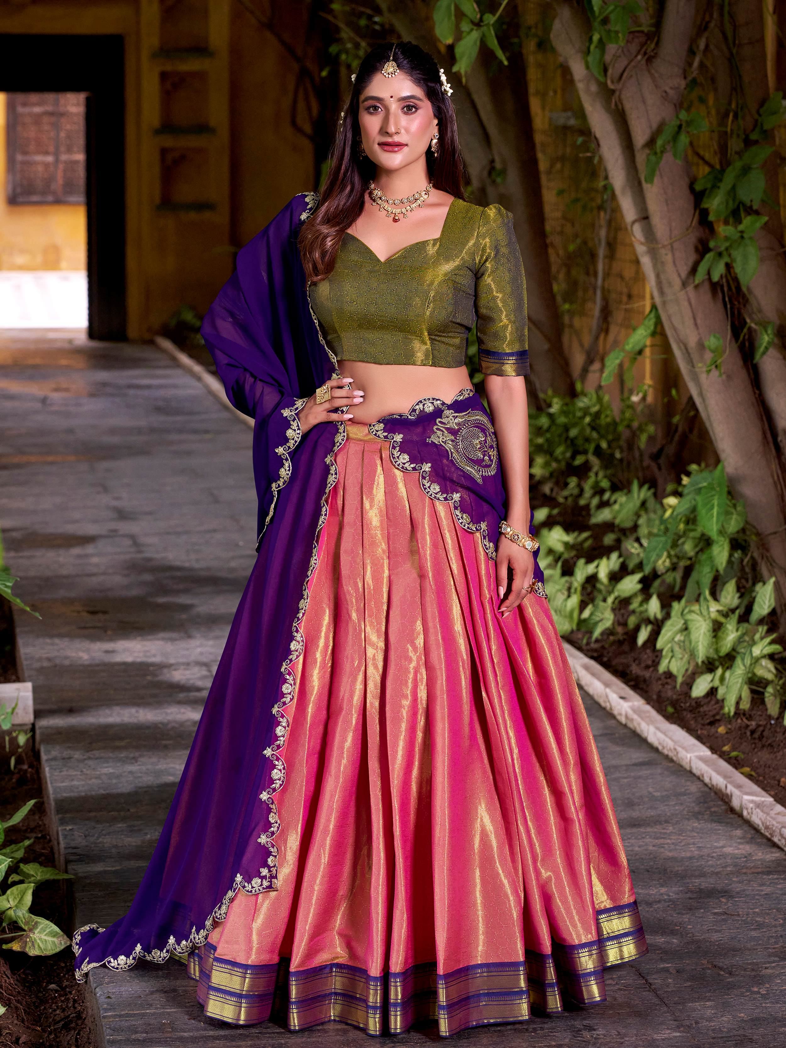 Peach Kanchipuram Silk Zari Weaving Half Saree Lehenga