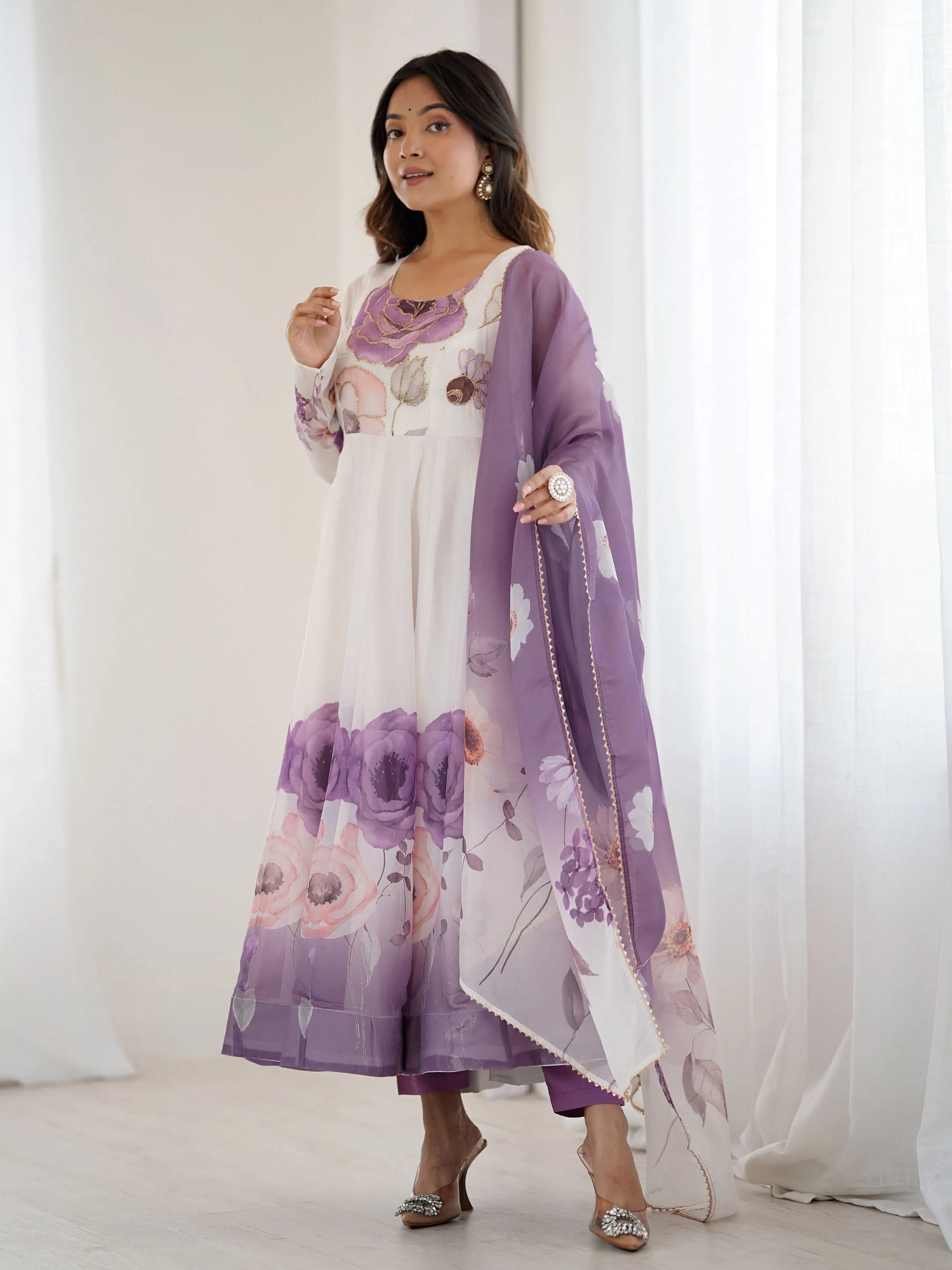 Purple Flower Printed Organza Traditional Anarkali Suit for Women