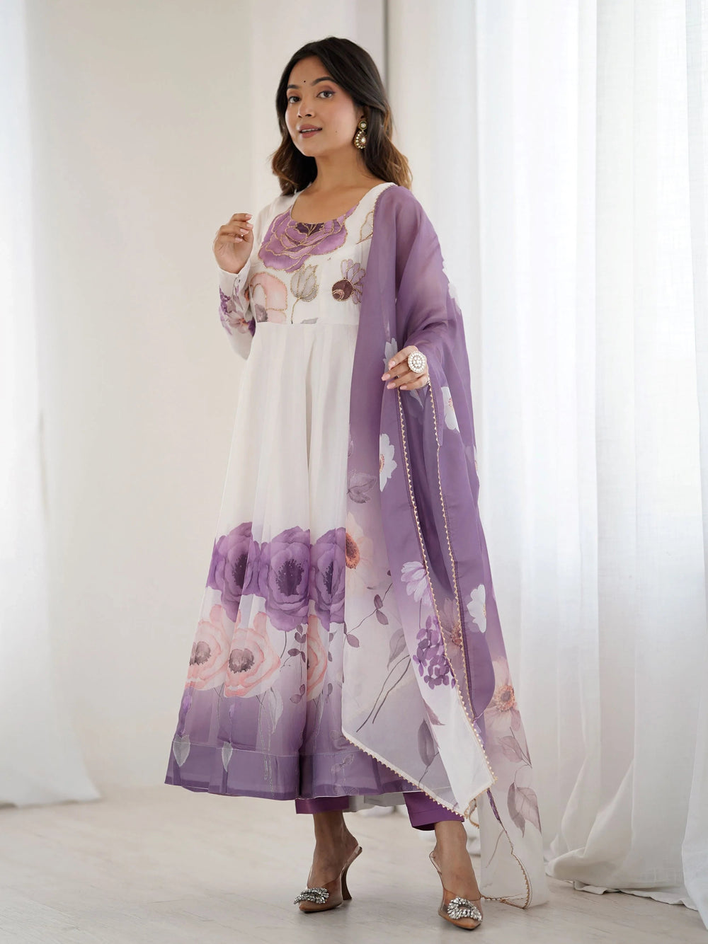 Purple Flower Printed Organza Traditional Anarkali Suit for Women