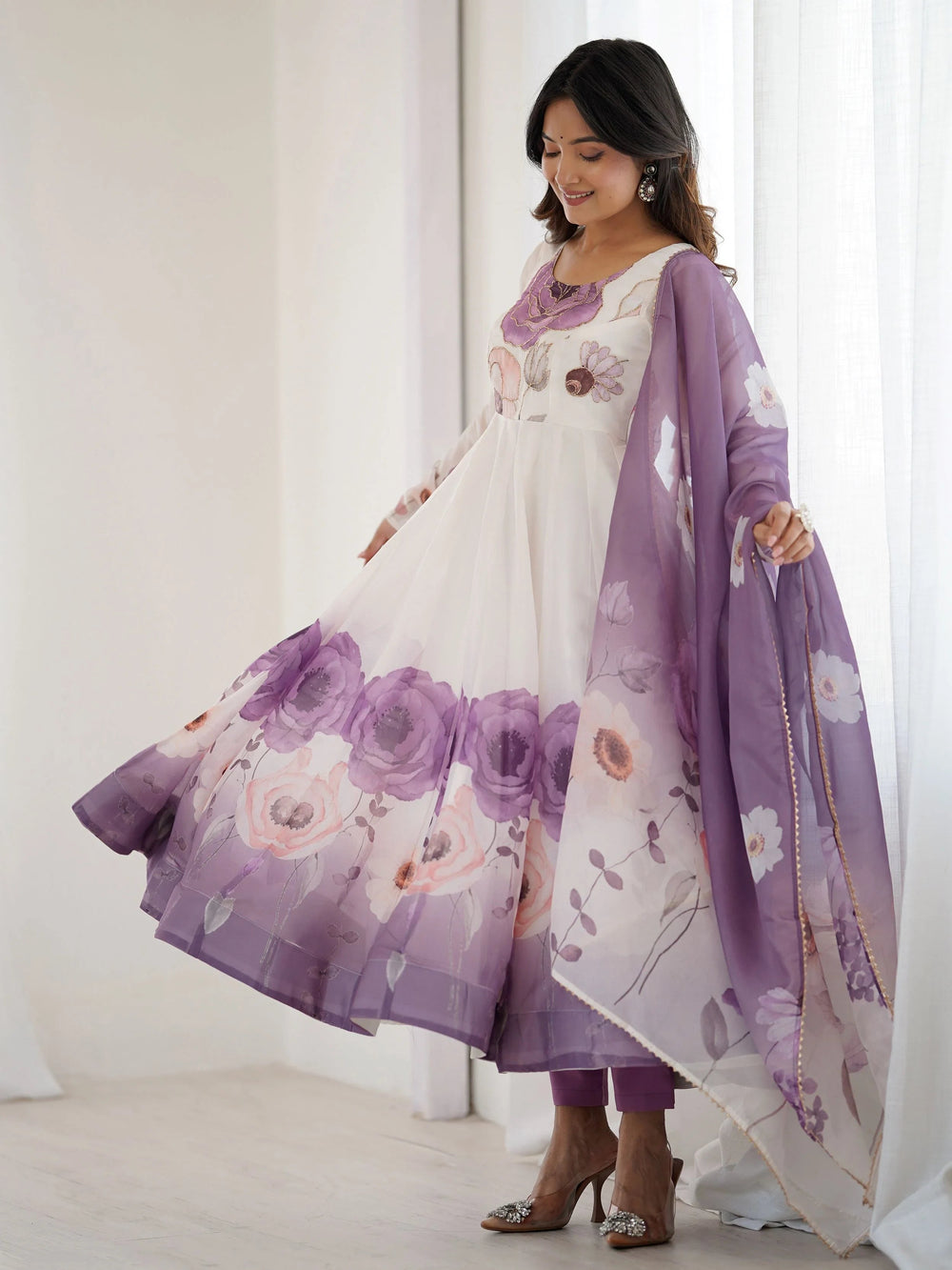Purple Flower Printed Organza Traditional Anarkali Suit for Women