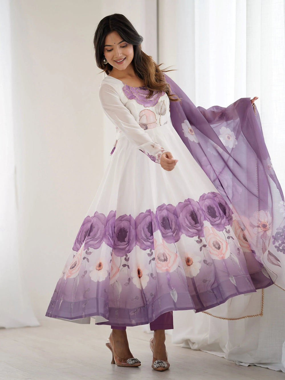 Purple Flower Printed Organza Traditional Anarkali Suit for Women