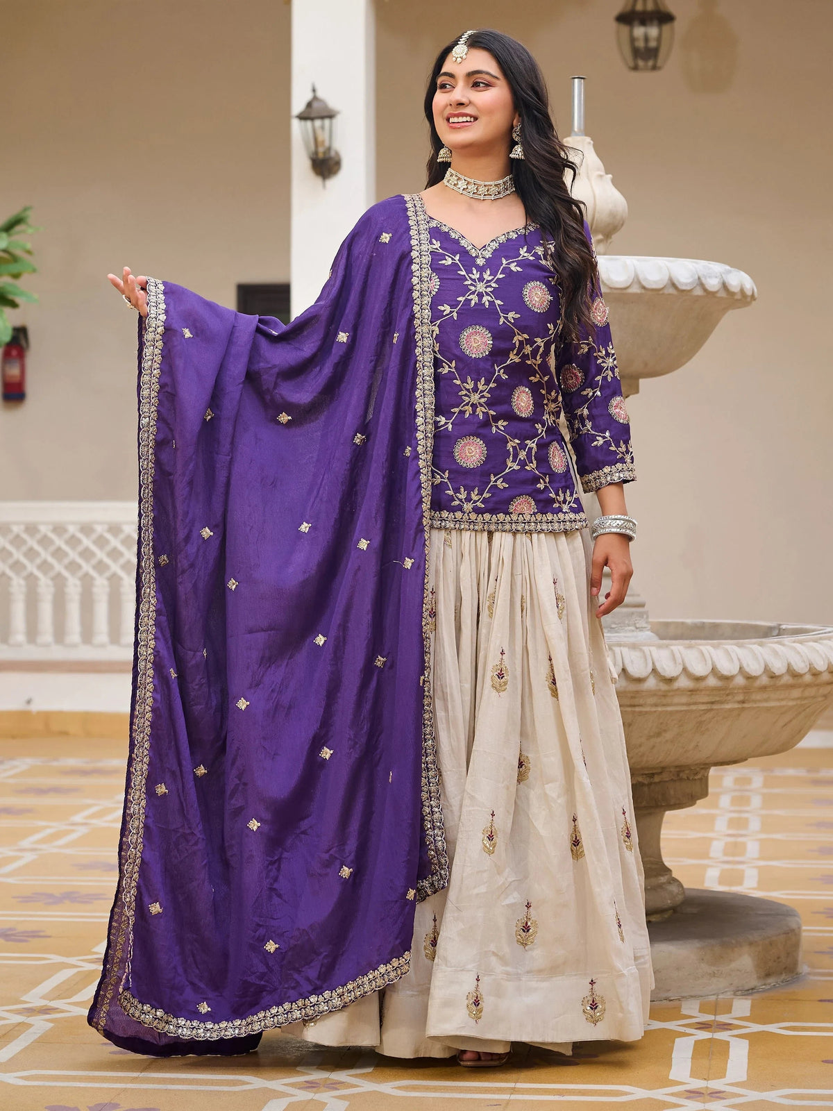 Purple Hypnotic Sequins Embroidered Chinon Lehenga With Long Choli