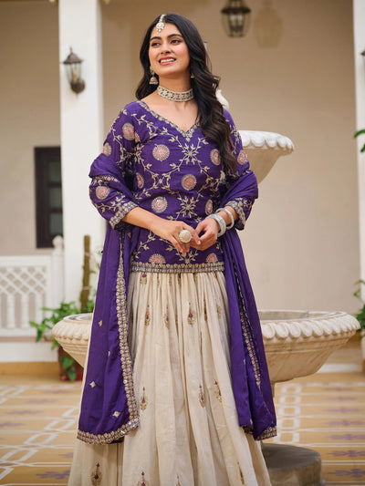 Purple Hypnotic Sequins Embroidered Chinon Lehenga With Long Choli
