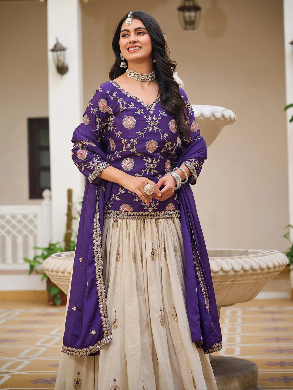 Purple Hypnotic Sequins Embroidered Chinon Lehenga With Long Choli