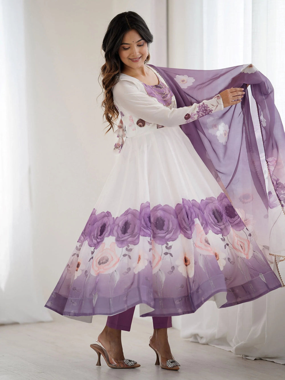 Purple Flower Printed Organza Traditional Anarkali Suit for Women