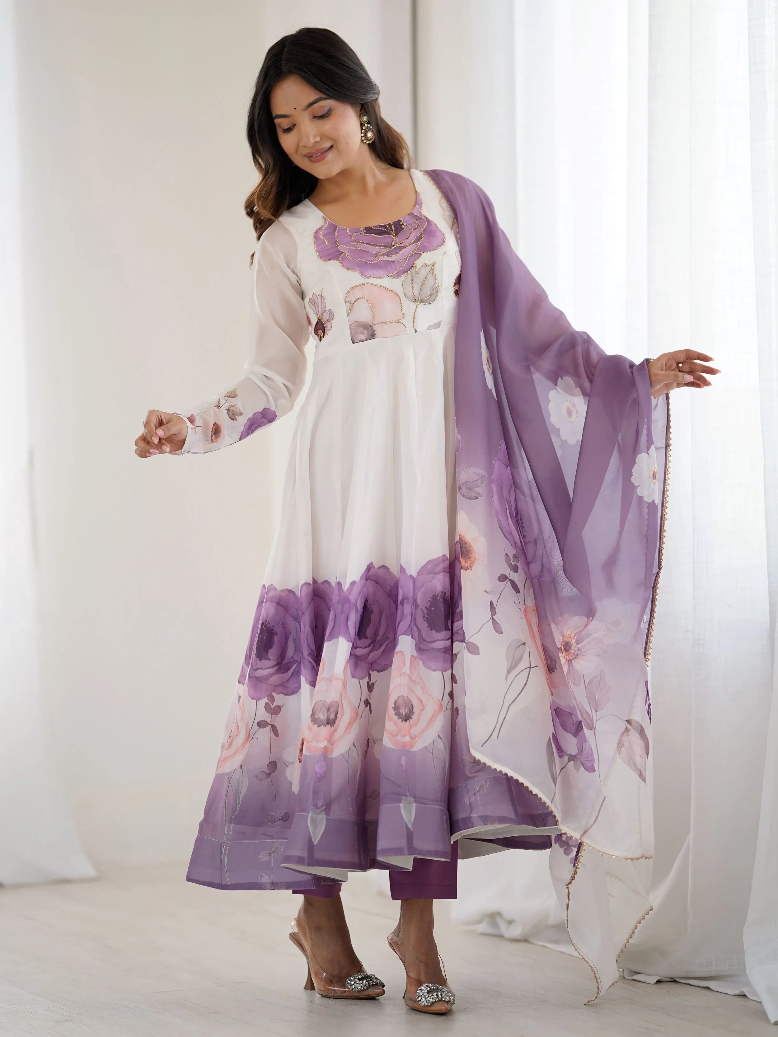 Purple Flower Printed Organza Traditional Anarkali Suit for Women