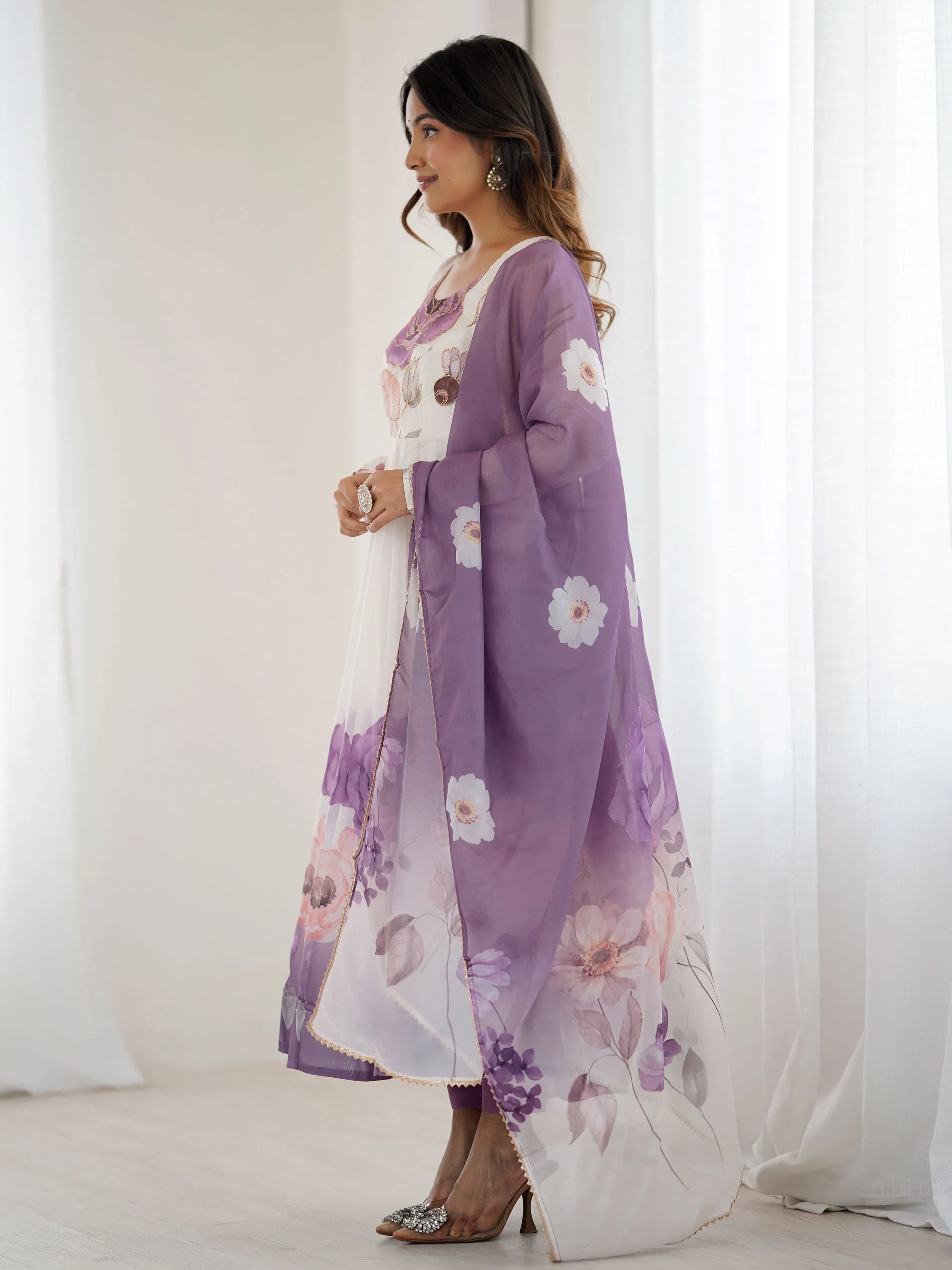 Purple Flower Printed Organza Traditional Anarkali Suit for Women