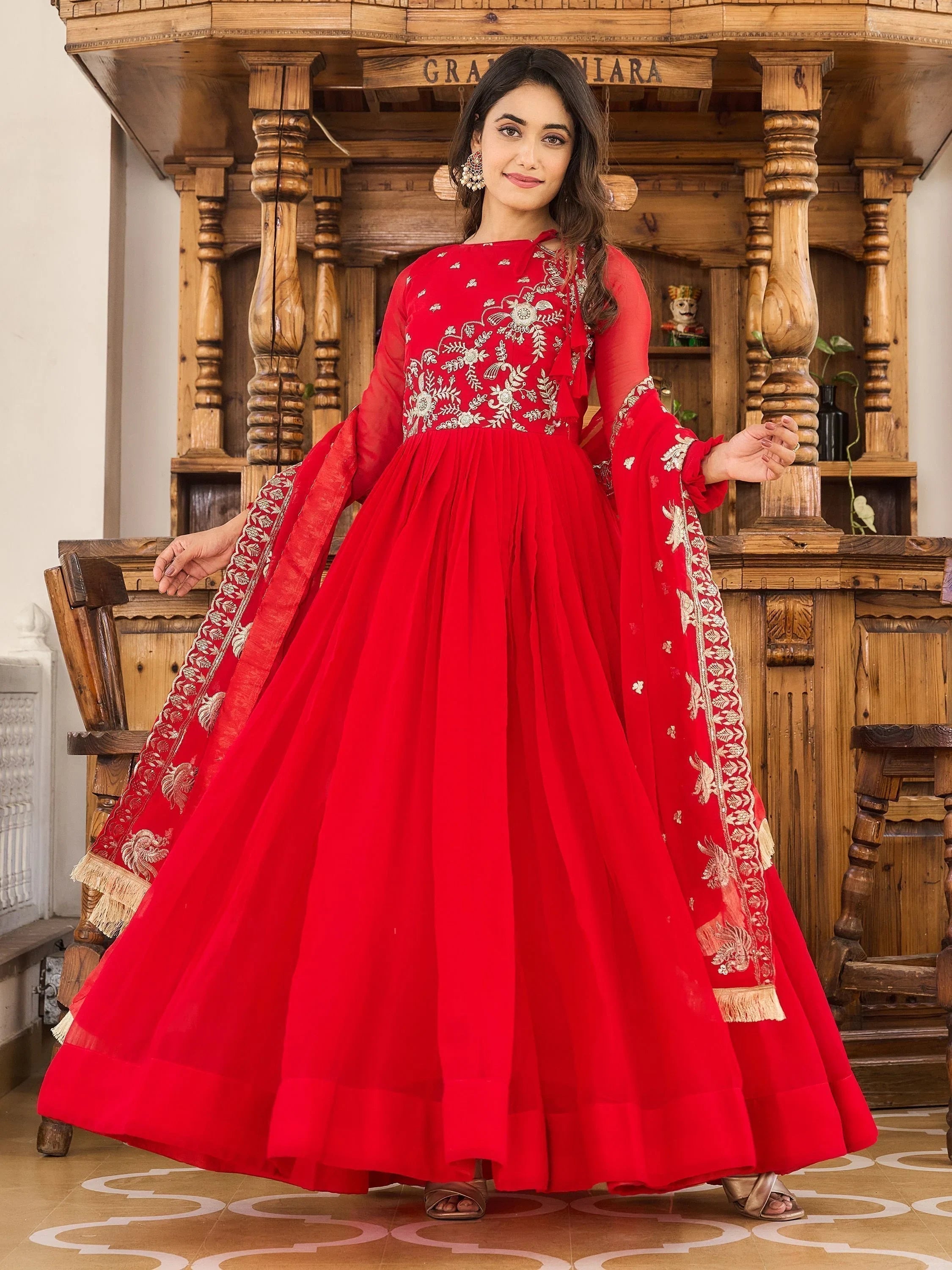 Red Embroidered Georgette Function Wear Gown With Dupatta for Women