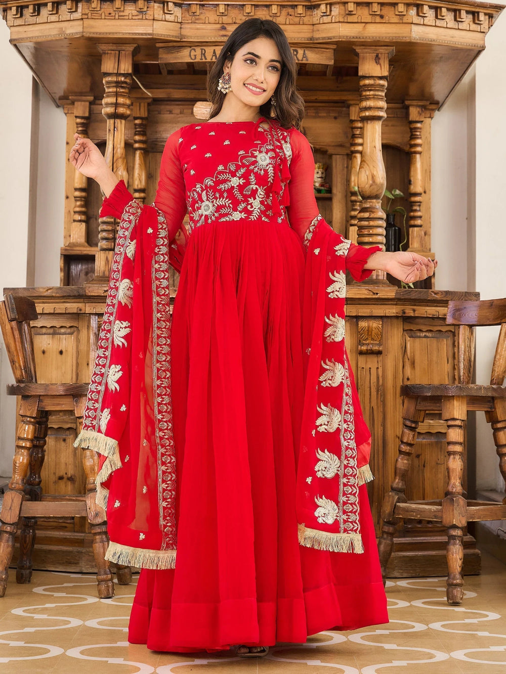 Red Embroidered Georgette Function Wear Gown With Dupatta for Women