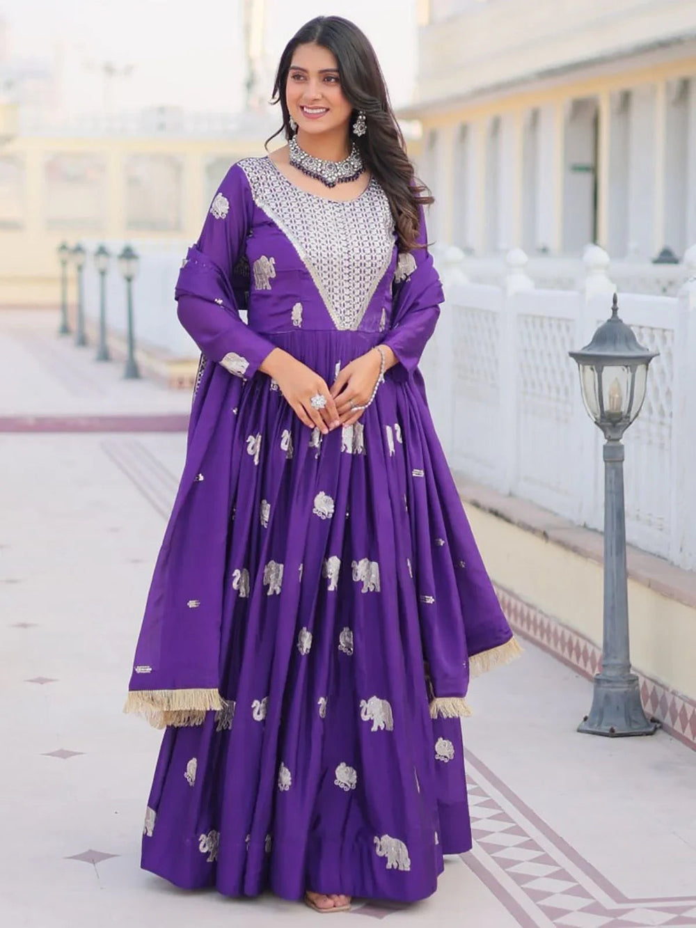 Violet Alluring Embroidered Georgette Anarkali Gown With Dupatta for Women