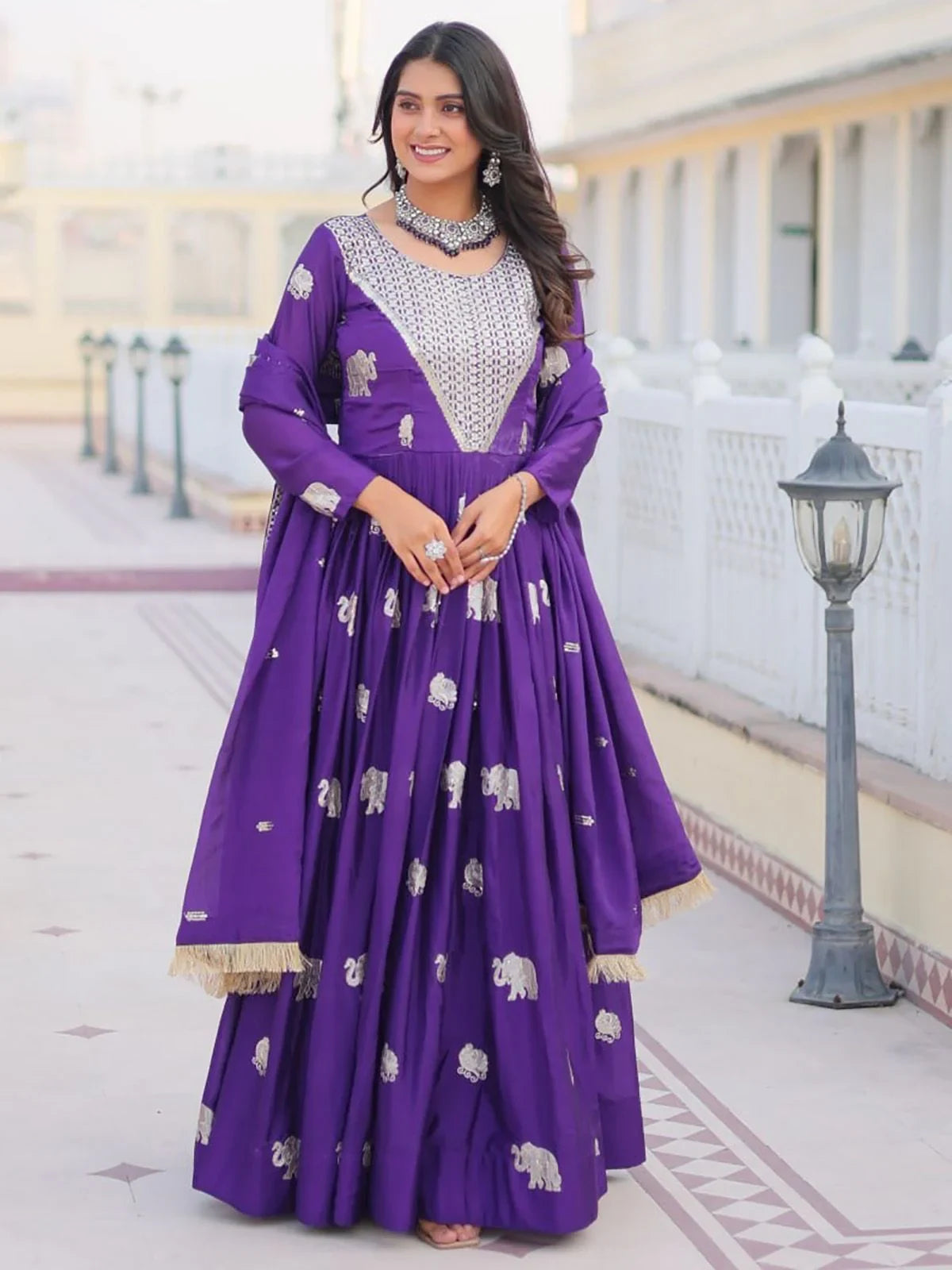 Violet Alluring Embroidered Georgette Anarkali Gown With Dupatta for Women