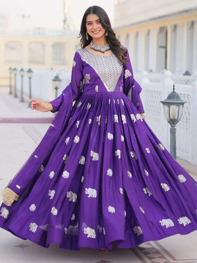 Violet Alluring Embroidered Georgette Anarkali Gown With Dupatta for Women