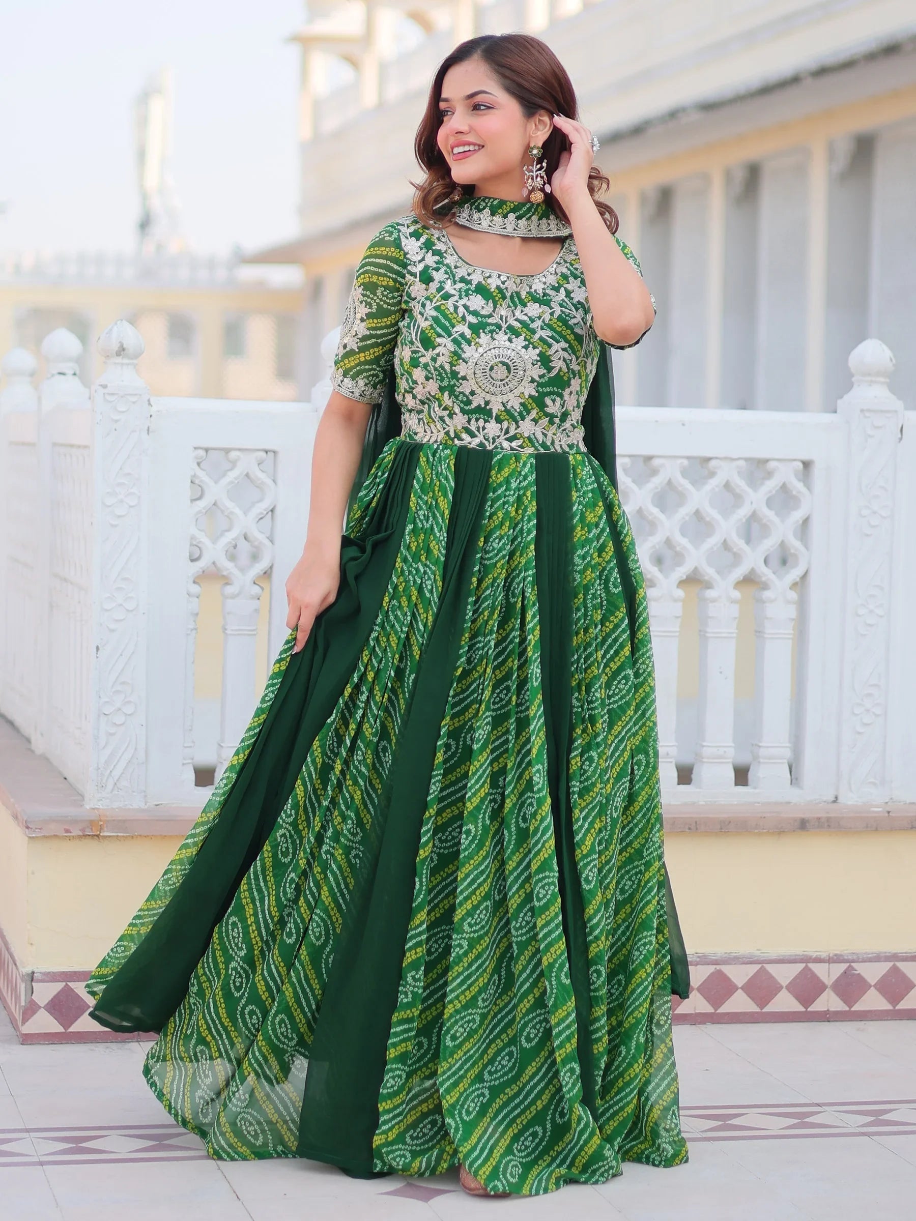 Green Bandhani Printed Georgette Festival Wear Gown for Women
