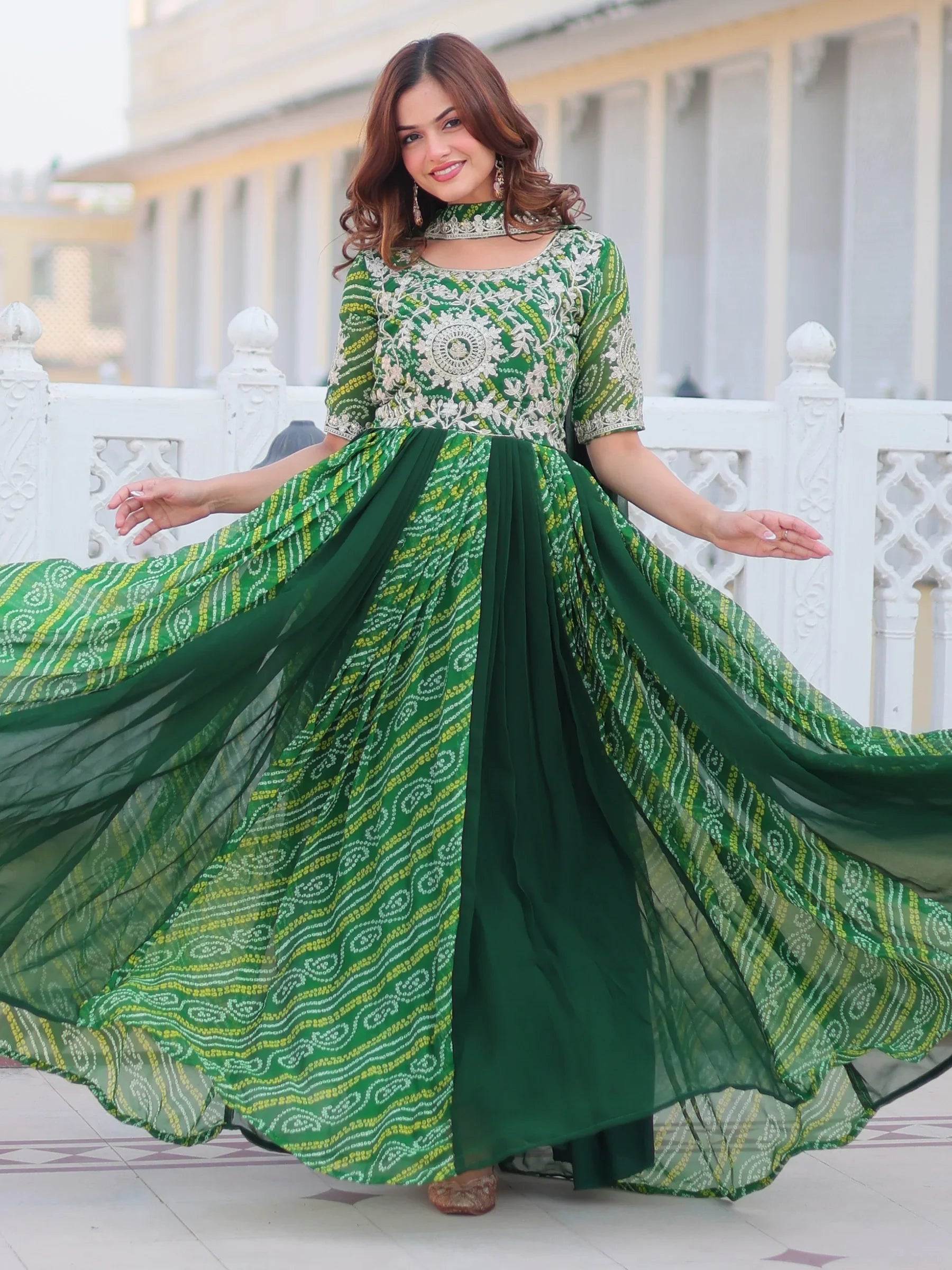 Green Bandhani Printed Georgette Festival Wear Gown for Women