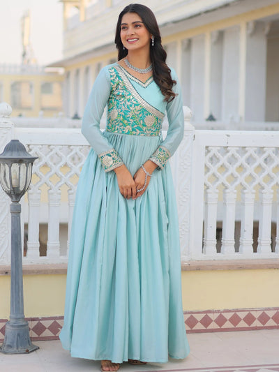 Blue Bandhani Printed Chinon Function Wear Gown for Women