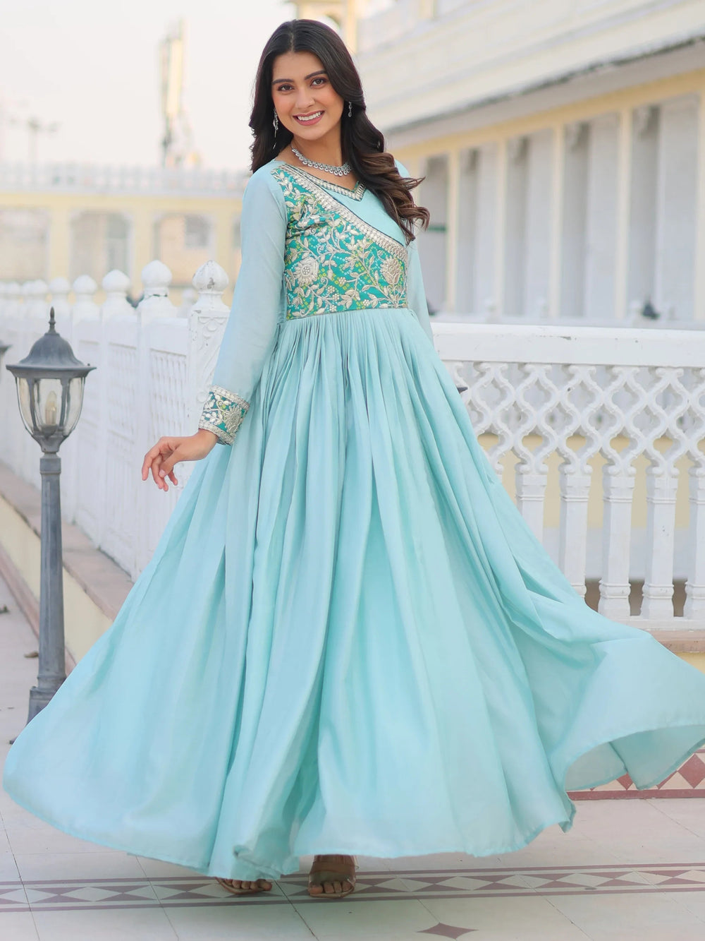 Blue Bandhani Printed Chinon Function Wear Gown for Women