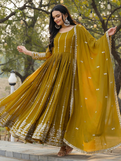 Green Spellbounding Sequins Georgette Wedding Wear Gown With Dupatta for Women