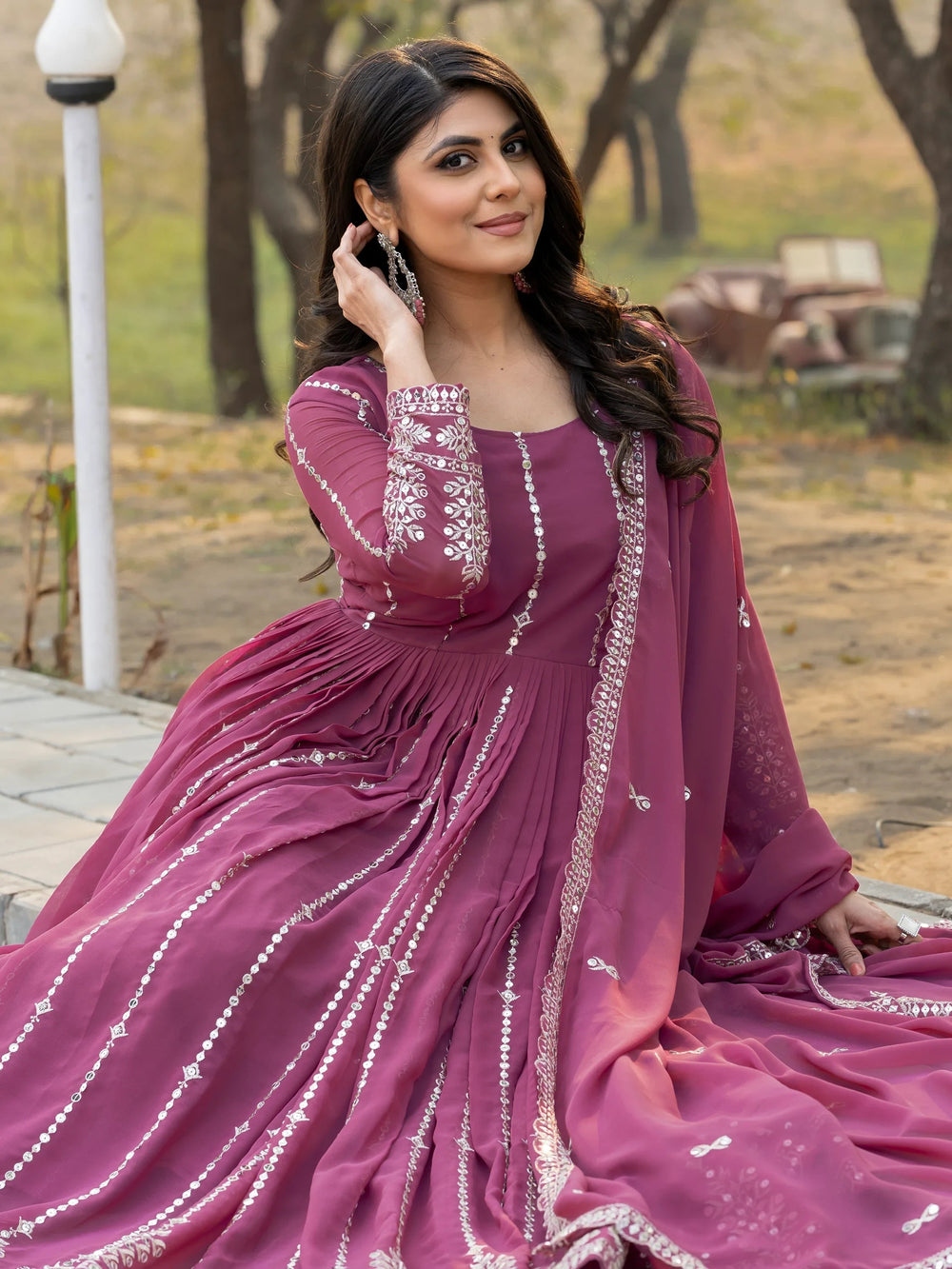 Pink Spellbounding Sequins Georgette Wedding Wear Gown With Dupatta for Women