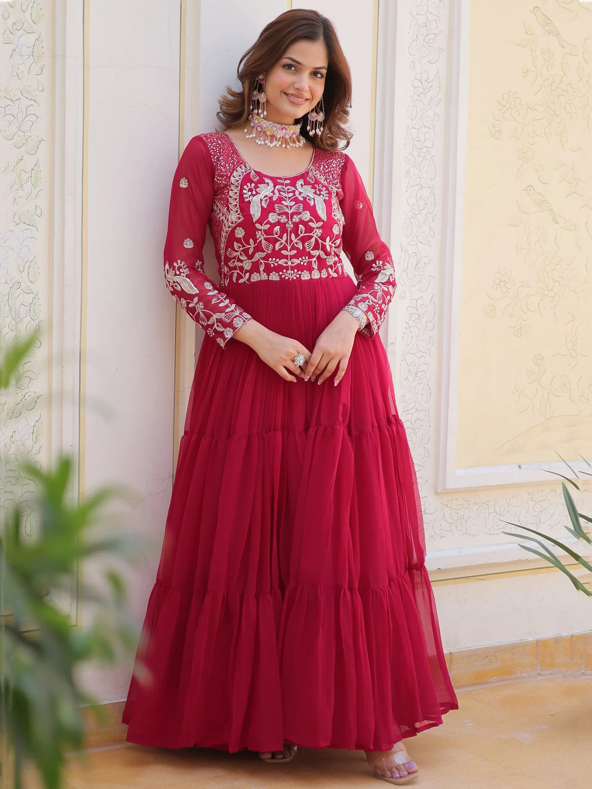 Pink Divine Sequins Georgette Haldi Wear Gown for Women