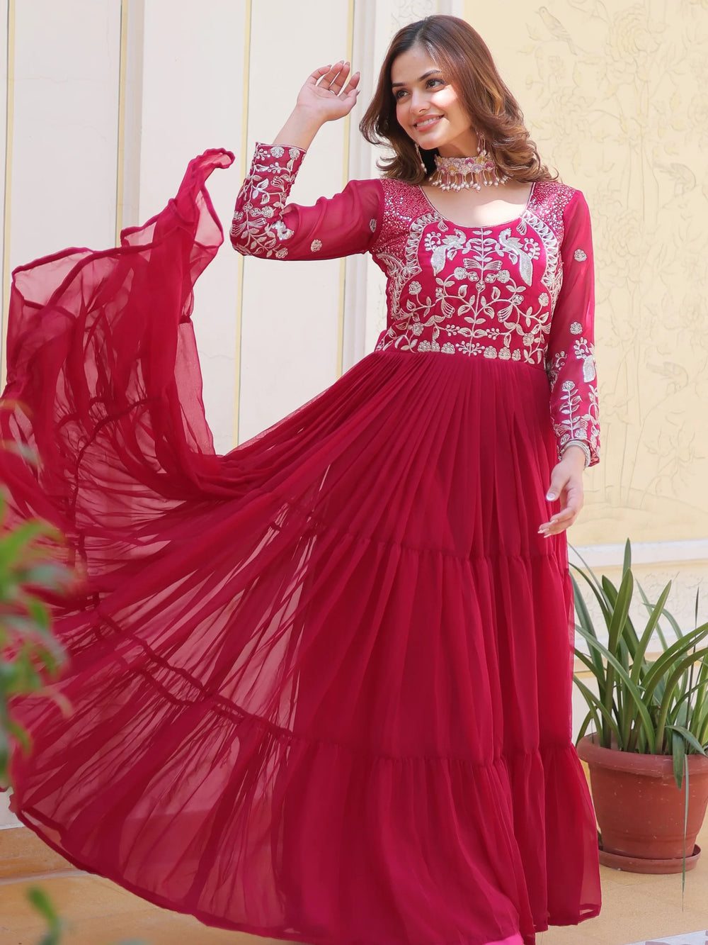 Pink Divine Sequins Georgette Haldi Wear Gown for Women