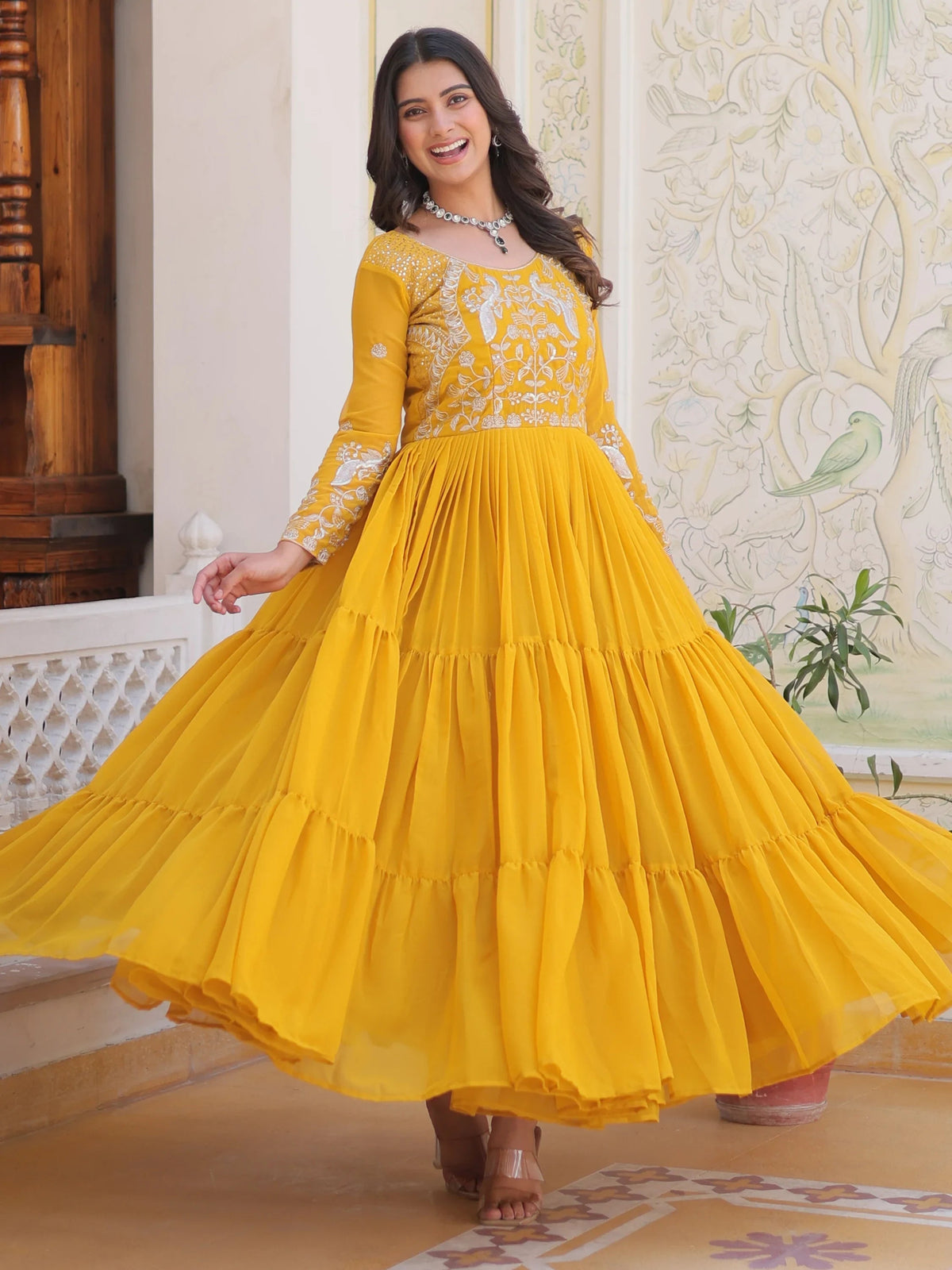 Yellow Divine Sequins Georgette Haldi Wear Gown for Women