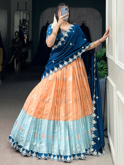 Orange Silk Zari Weaving Wedding Half Saree Lehenga