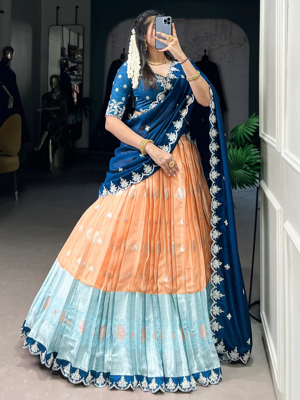 Orange Silk Zari Weaving Wedding Half Saree Lehenga