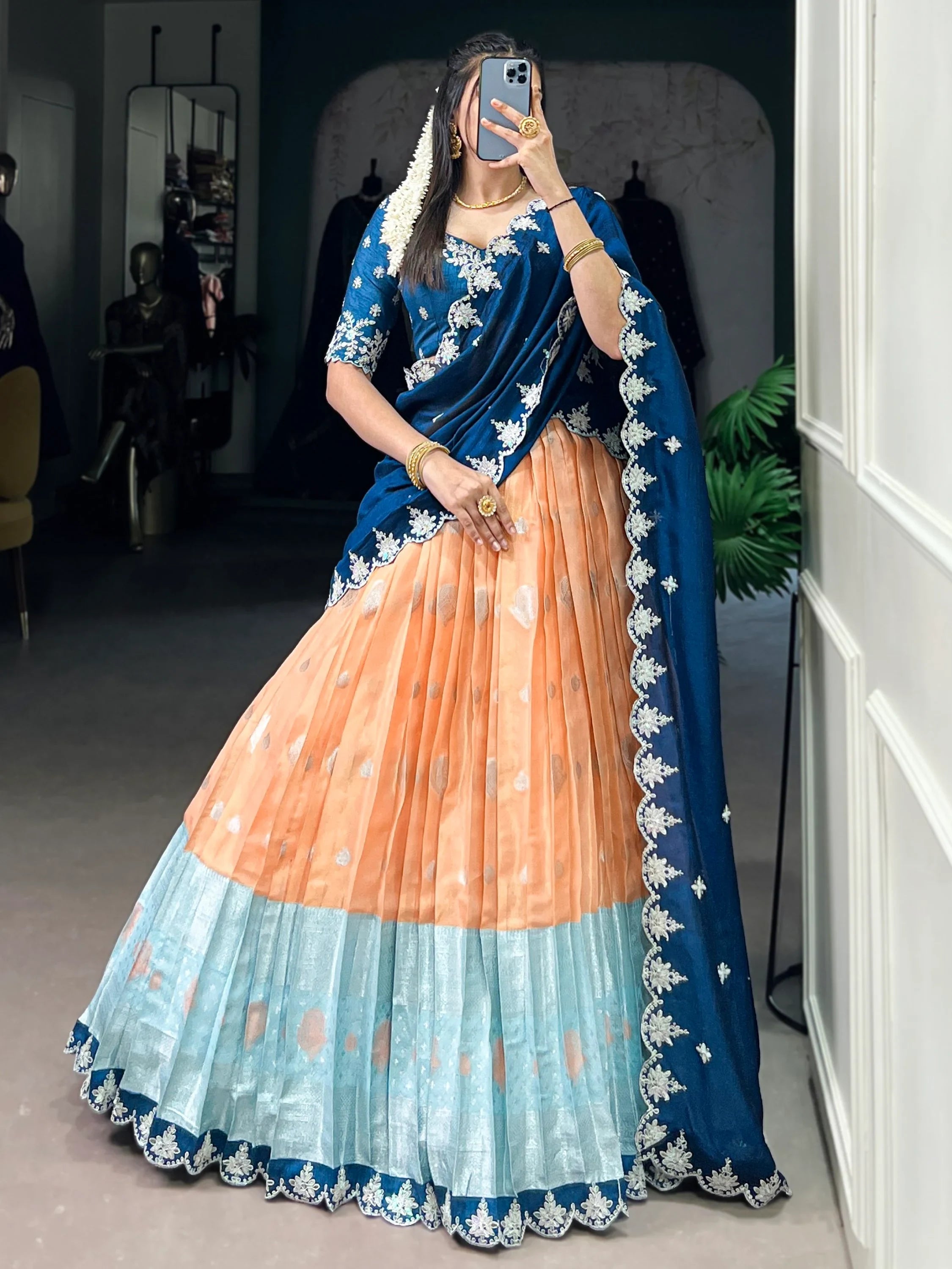 Orange Silk Zari Weaving Wedding Half Saree Lehenga