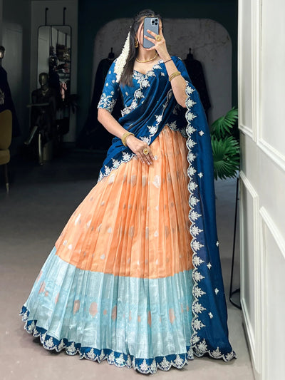Orange Silk Zari Weaving Wedding Half Saree Lehenga