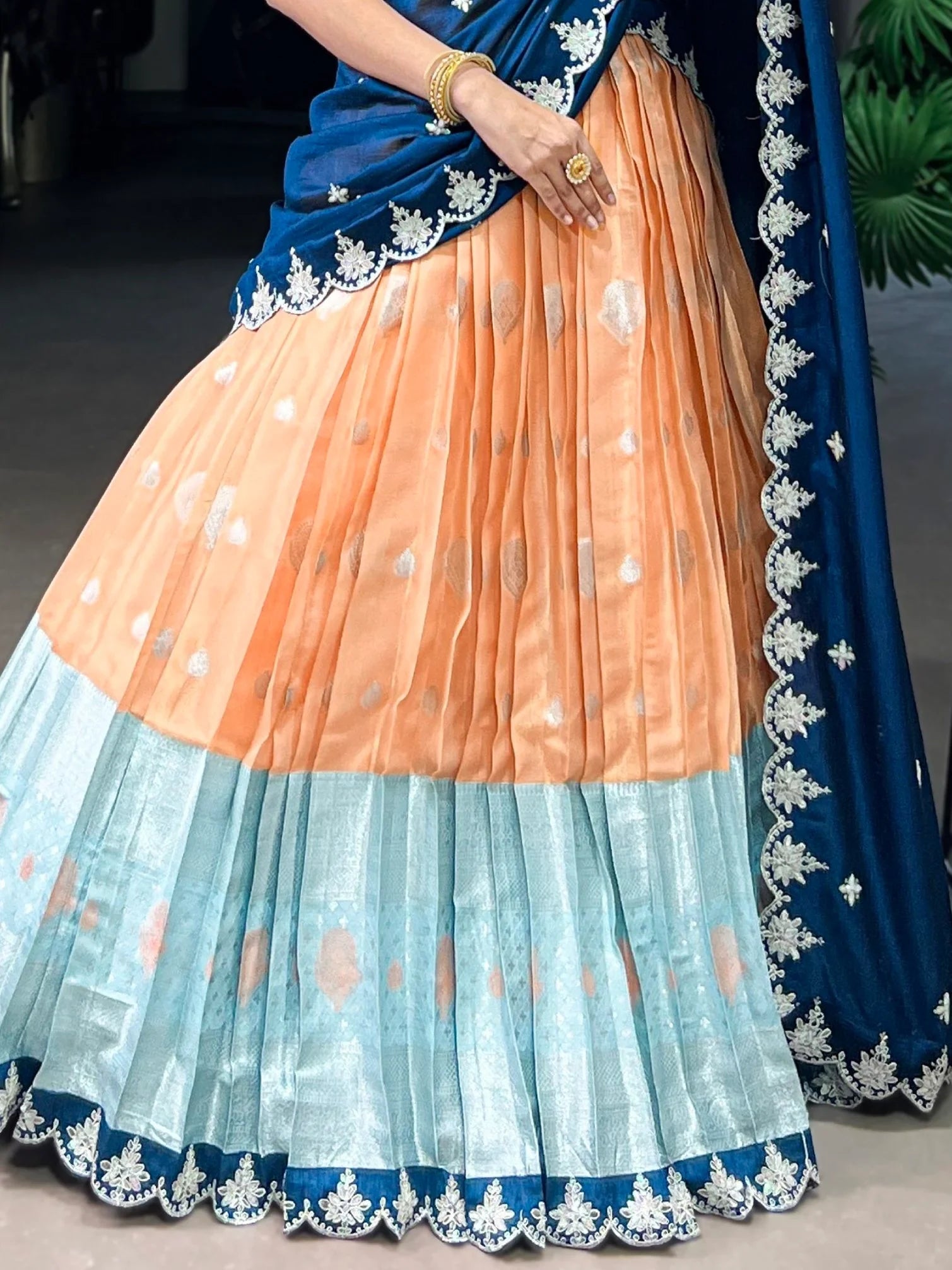 Orange Silk Zari Weaving Wedding Half Saree Lehenga