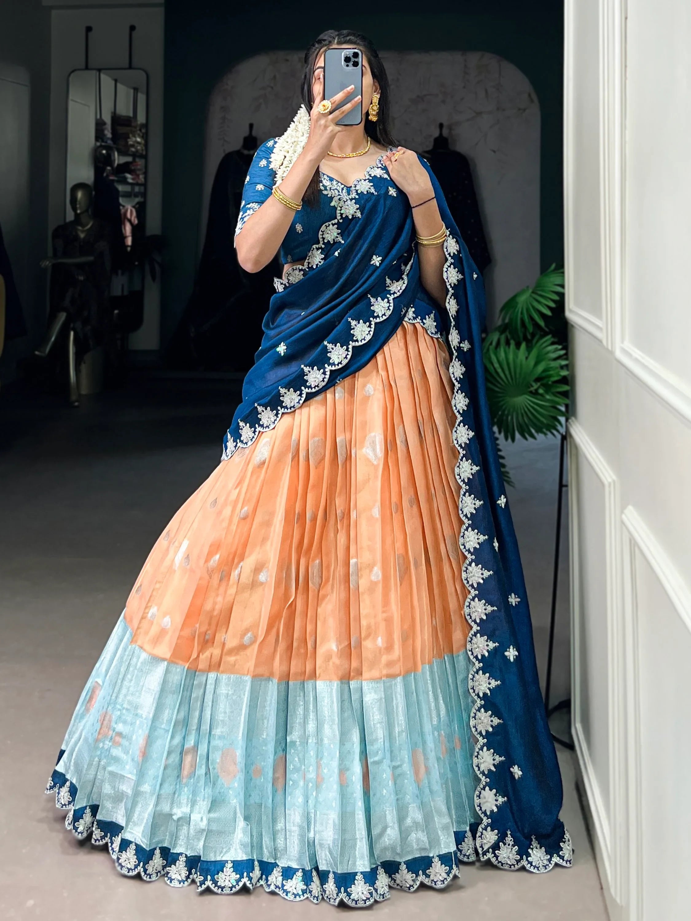 Orange Silk Zari Weaving Wedding Half Saree Lehenga