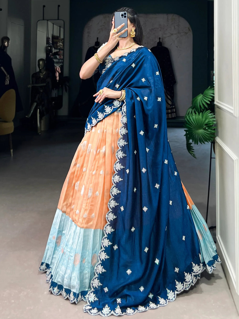Orange Silk Zari Weaving Wedding Half Saree Lehenga