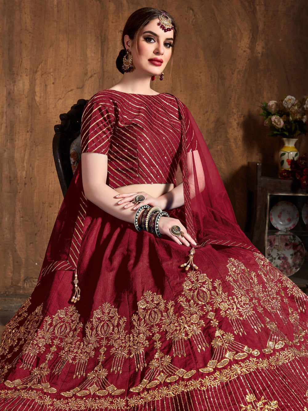 Red Zari Embroidered Art Silk Bridal Lehenga Choli with Dupatta