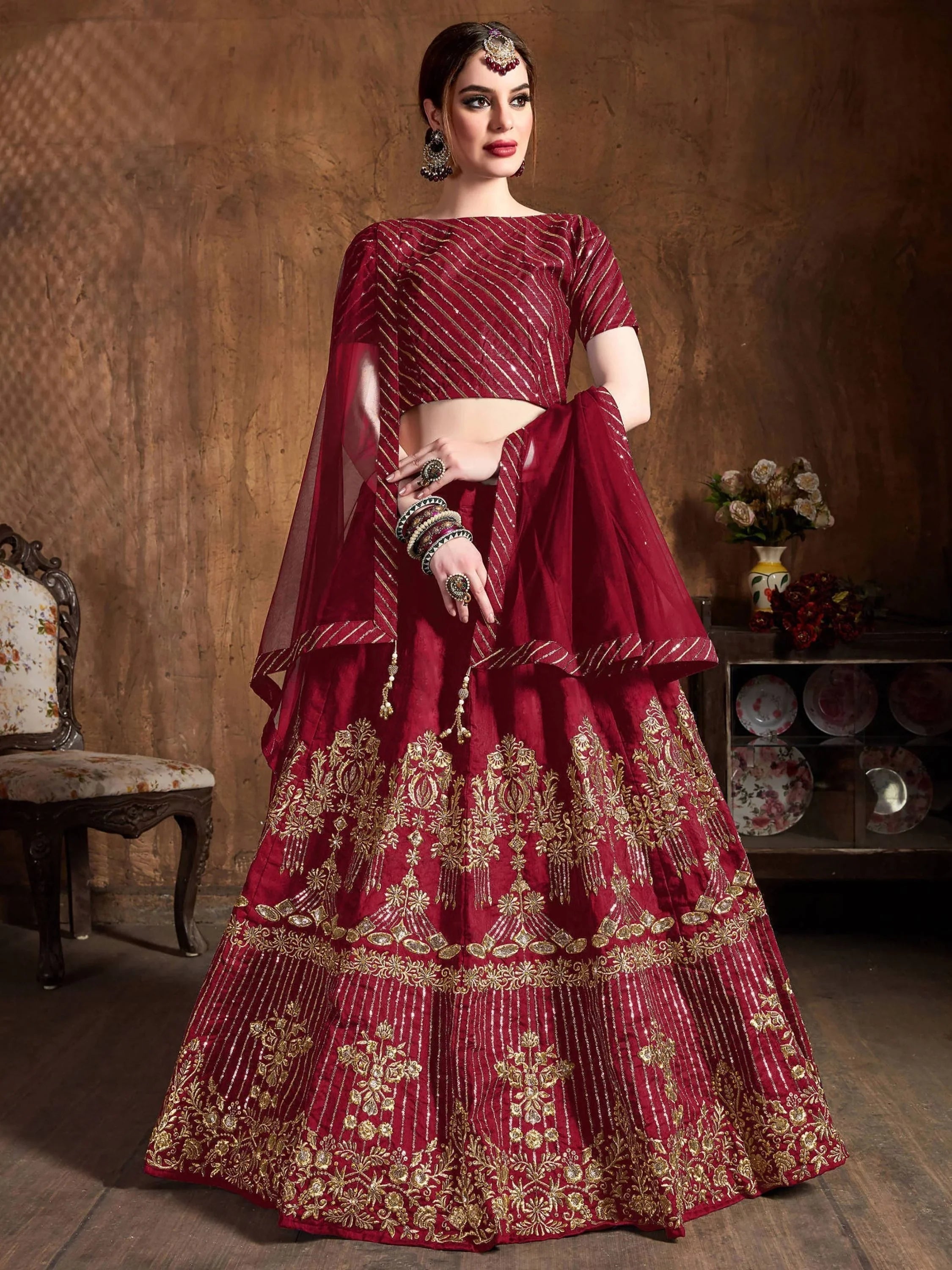 Red Zari Embroidered Art Silk Bridal Lehenga Choli with Dupatta