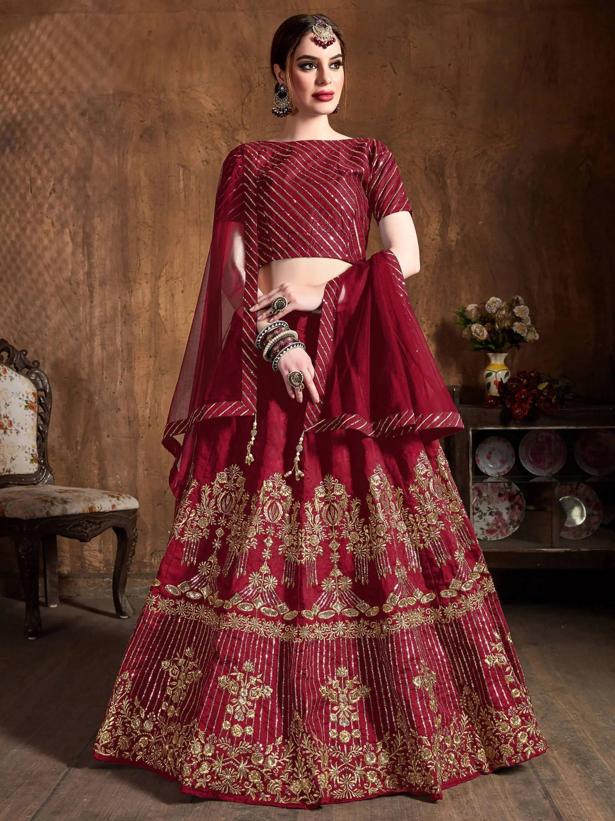 Red Zari Embroidered Art Silk Bridal Lehenga Choli with Dupatta