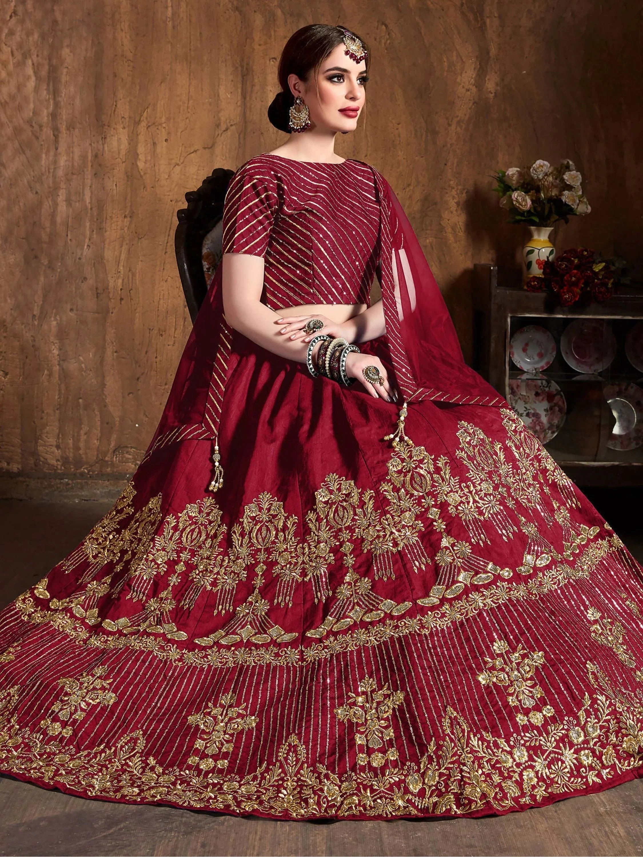 Red Zari Embroidered Art Silk Bridal Lehenga Choli with Dupatta