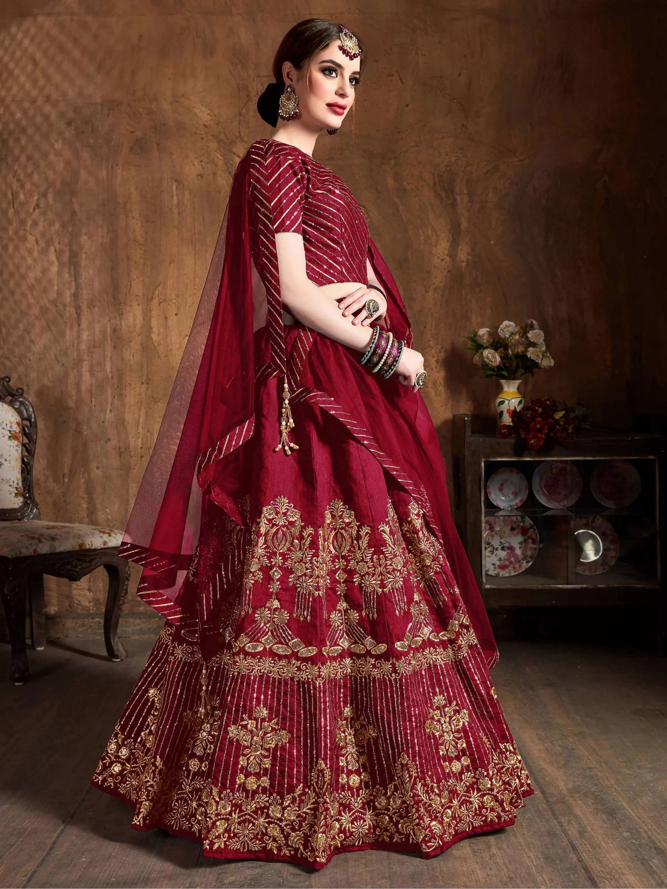 Red Zari Embroidered Art Silk Bridal Lehenga Choli with Dupatta