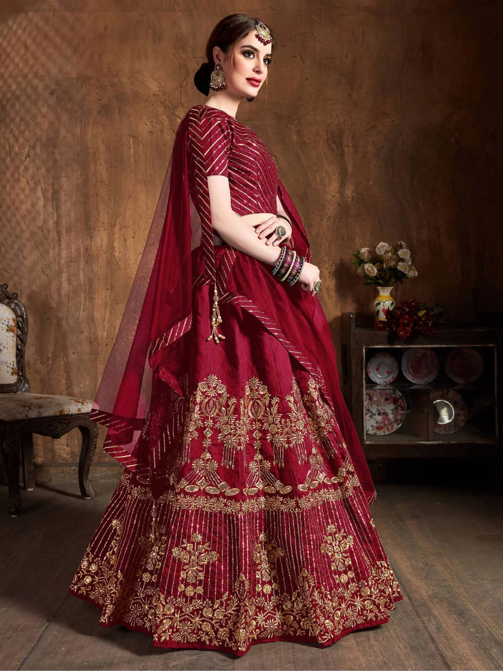 Red Zari Embroidered Art Silk Bridal Lehenga Choli with Dupatta
