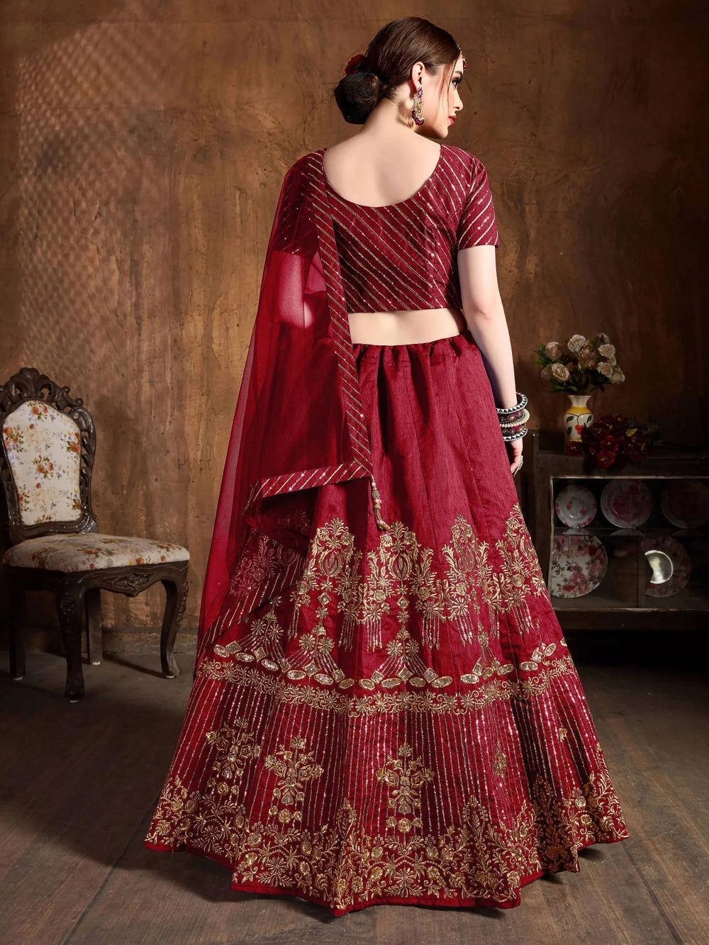Red Zari Embroidered Art Silk Bridal Lehenga Choli with Dupatta