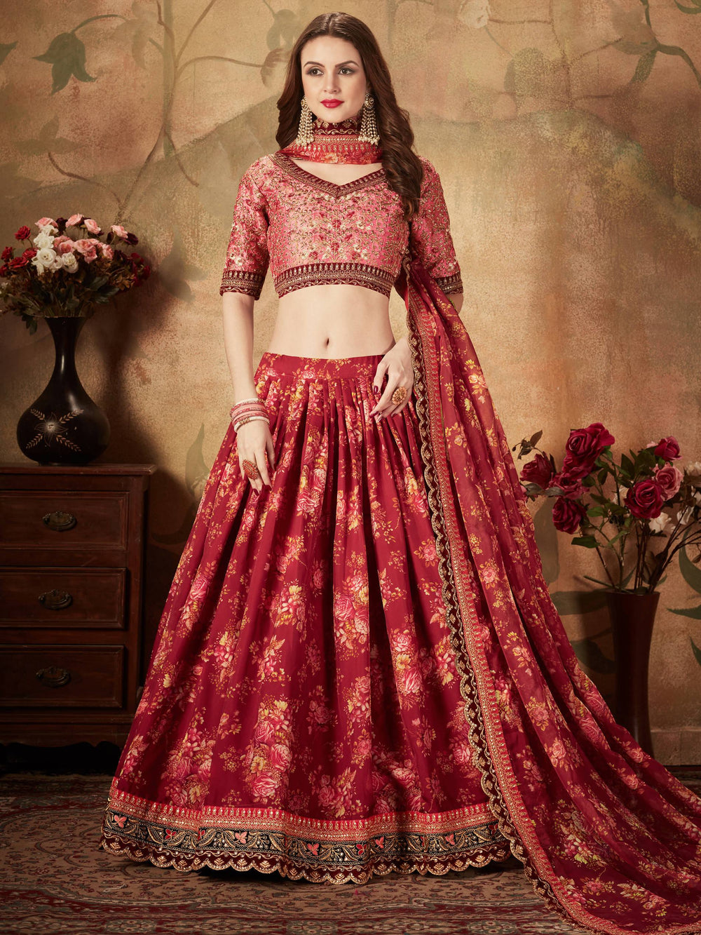 Maroon Floral Digital Printed Organza Bridal Lehenga Choli for Women