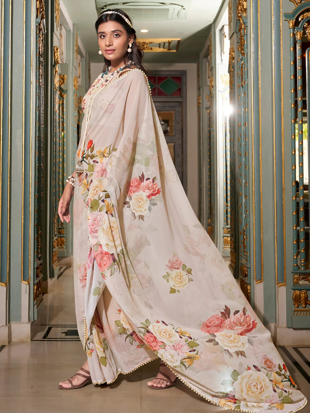 Off-White Floral Printed Office Wear Saree With Blouse