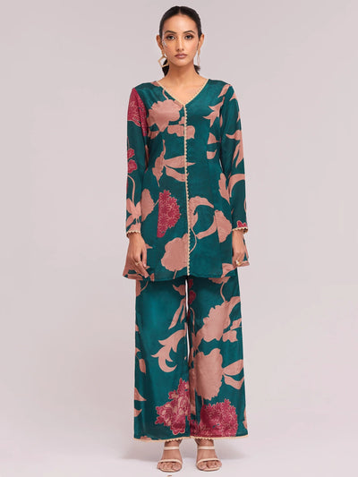 Teal Blue Digital Printed Crepe Casual Wear Co-Ord Set