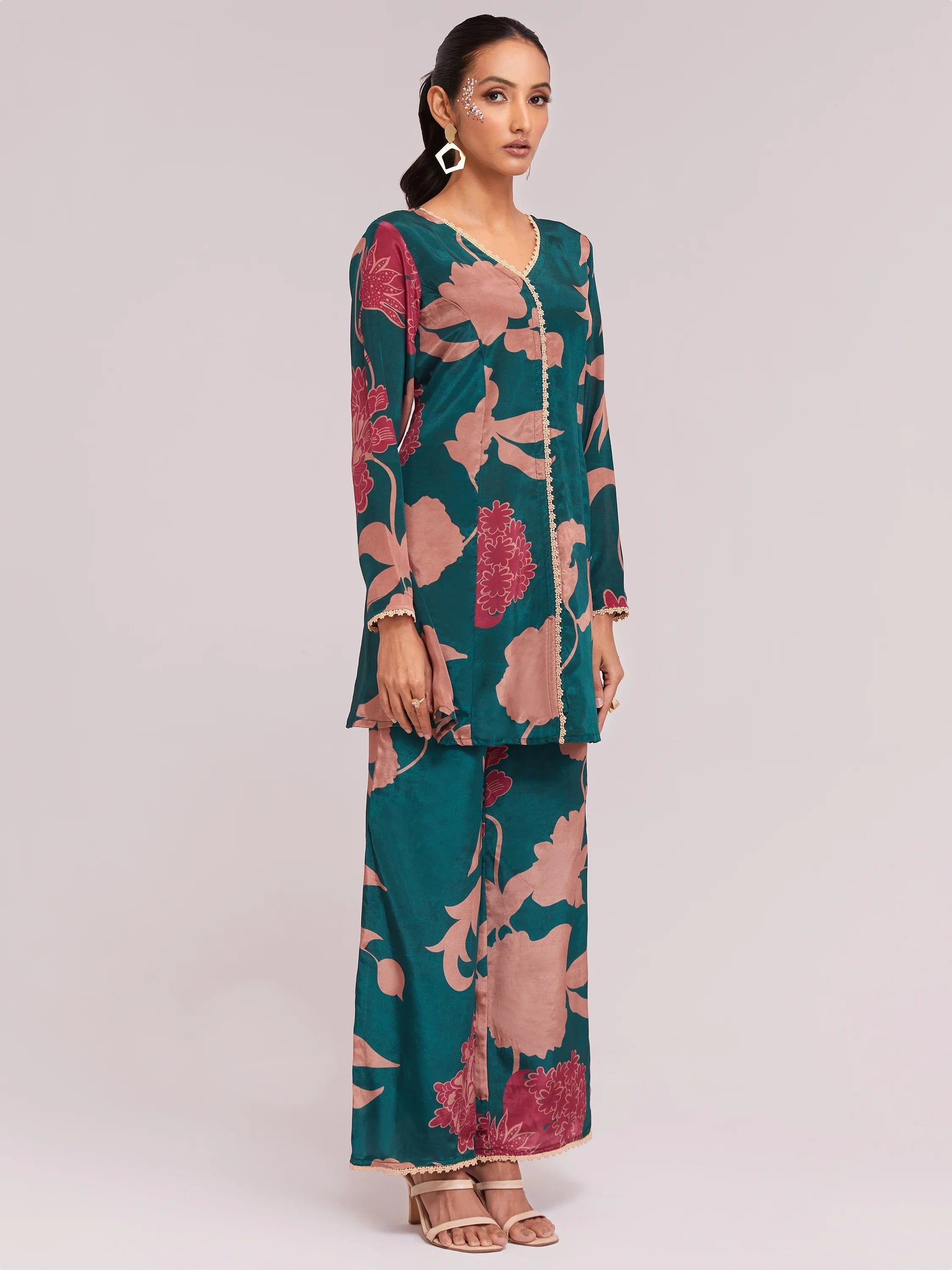 Teal Blue Digital Printed Crepe Casual Wear Co-Ord Set