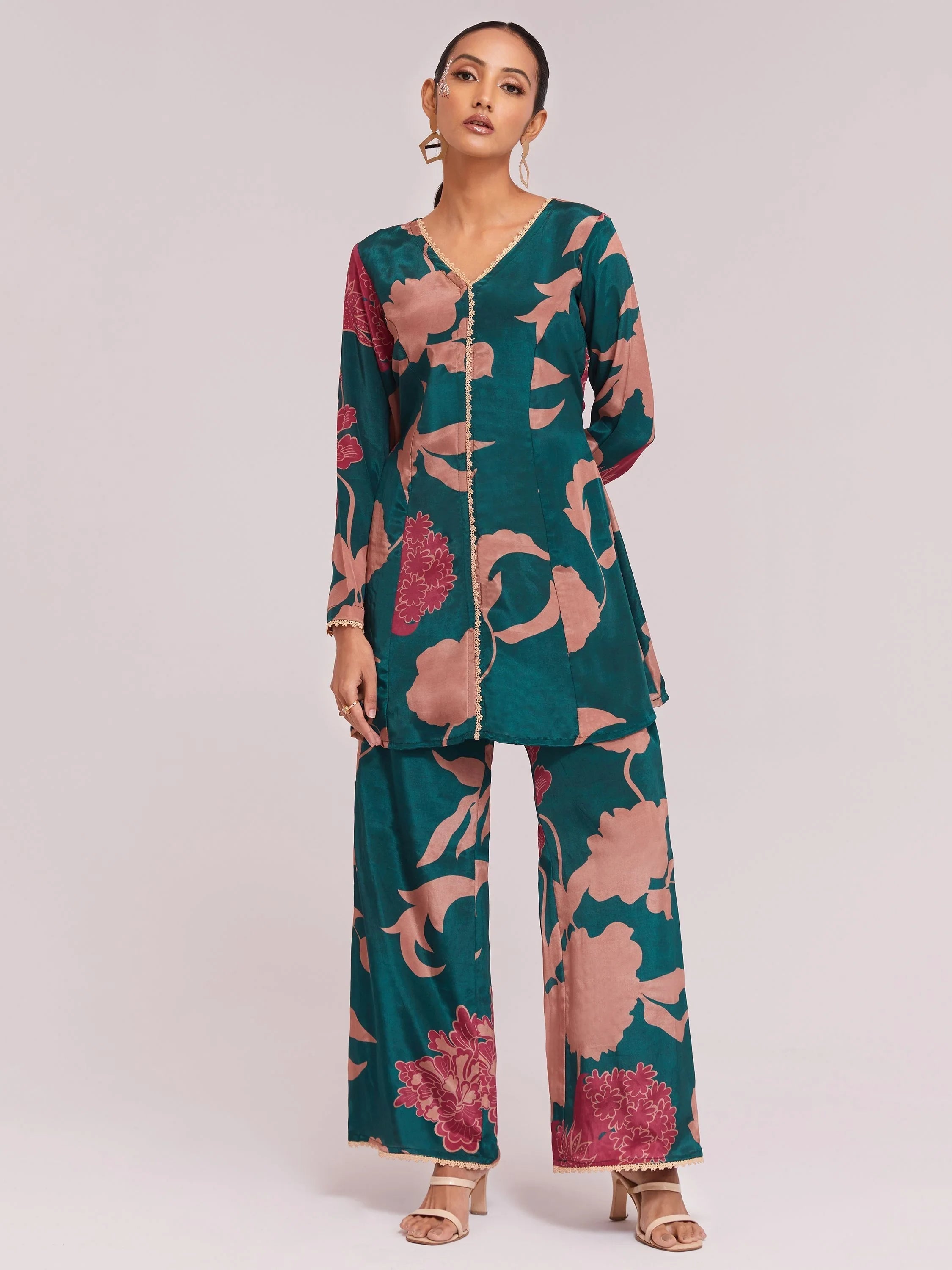 Teal Blue Digital Printed Crepe Casual Wear Co-Ord Set