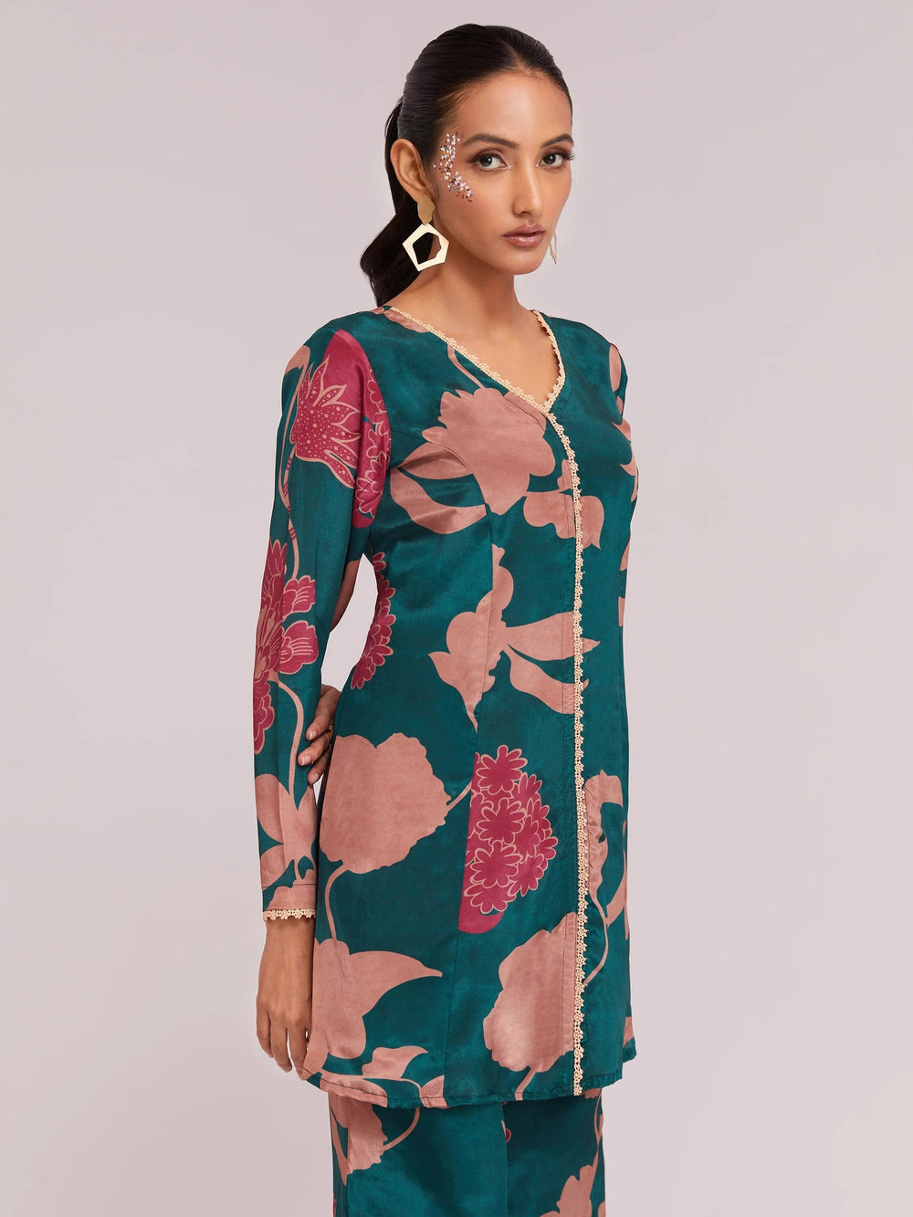 Teal Blue Digital Printed Crepe Casual Wear Co-Ord Set
