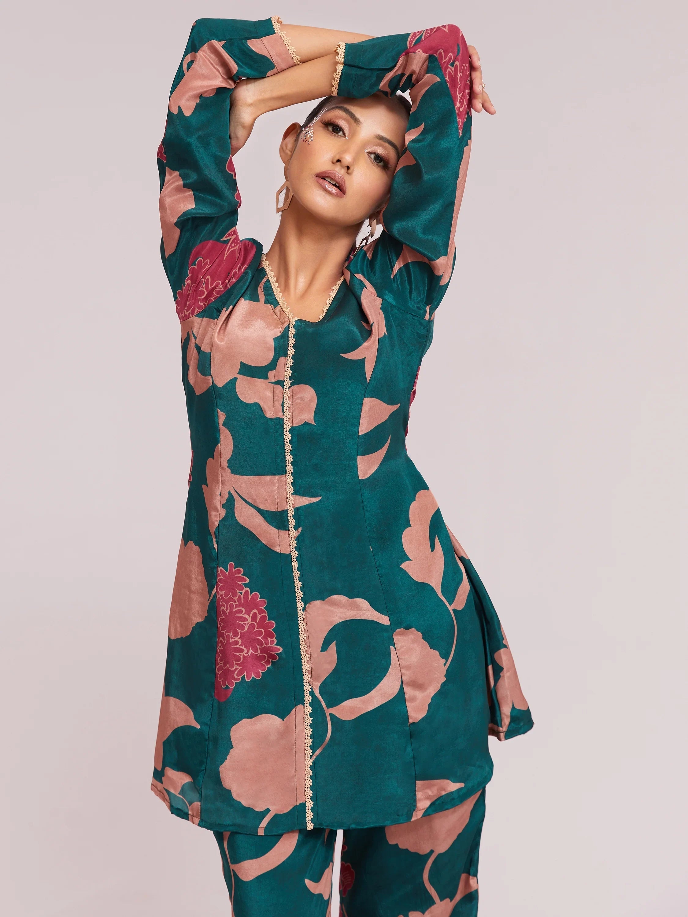 Teal Blue Digital Printed Crepe Casual Wear Co-Ord Set