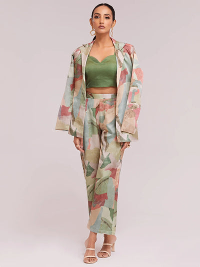 Multi-Color Satin Stylist Crop Top And Pant With Blazer