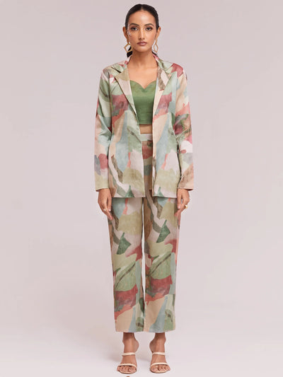 Multi-Color Satin Stylist Crop Top And Pant With Blazer