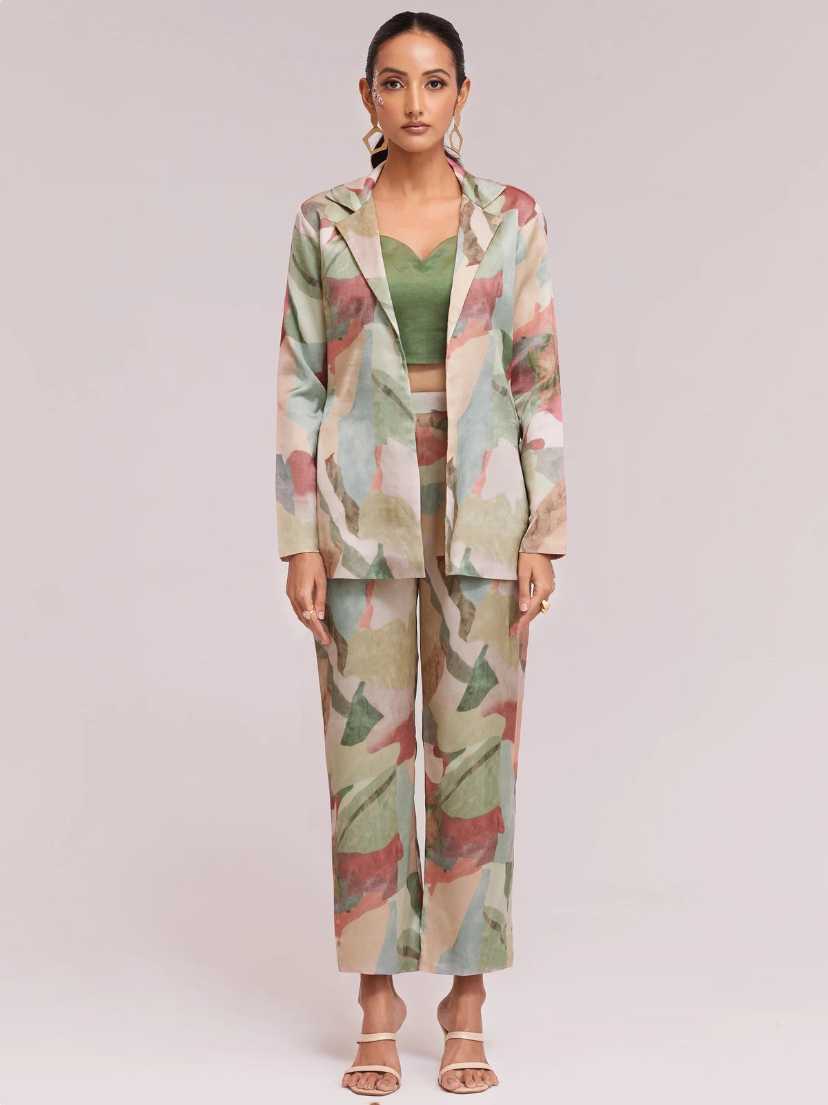 Multi-Color Satin Stylist Crop Top And Pant With Blazer